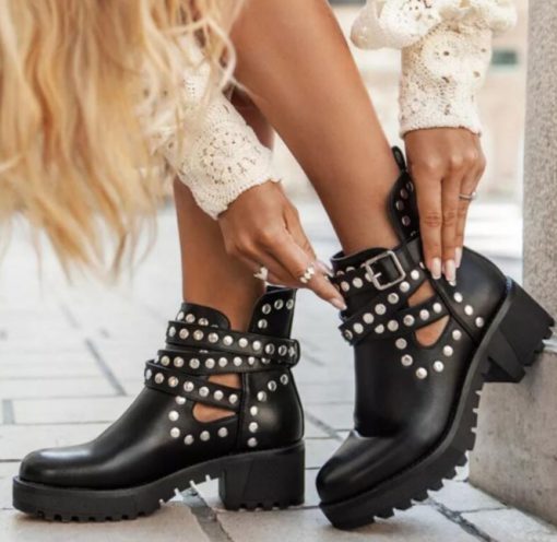 main image12021 Autumn New Woman Boots Rivet Ankle Boots Round Toe Mid Heel Short Boots Fashion Buckle