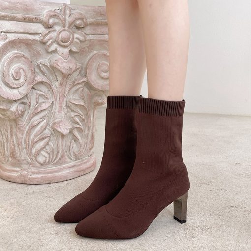 main image12022 New Winter Women s Shoes Knitted Mid calf Socks Boots Pointed Toe Stiletto Elastic Designer