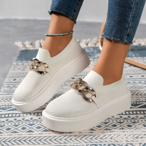 main image12022 New Women s Sneakers Fashion Chain Solid Color Women s Flat Shoes Breathable Thick Sole