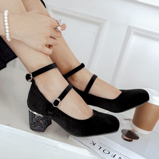 main image1Concise Spring 2022 New Solid Velvet Flock Shoes Women Square Toe Ankle Strap Bling Sequined Heel