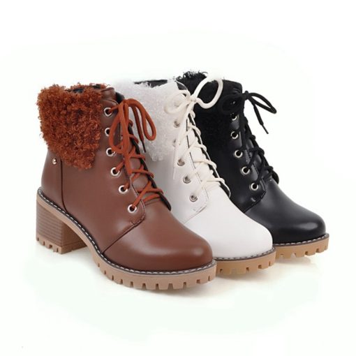main image1Girseaby 2021 Ladies Lambswool Ankle Boots Vintage Zip Lace Up Round Toe Platforms 6CM Chunky Heel