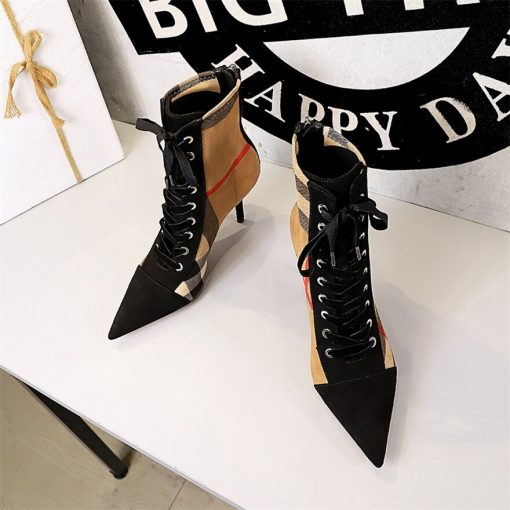 main image1Hot Plaid Patchwork Flock Leather Boots Women s Fashion 8cm High Heels Ankle Pumps Pointed Toe