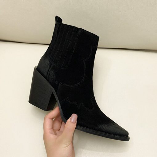 main image1Leather Boots Women Genuine Pointed Toe Mid Heel Ankle Boots Thick Square Heel Slip On Western