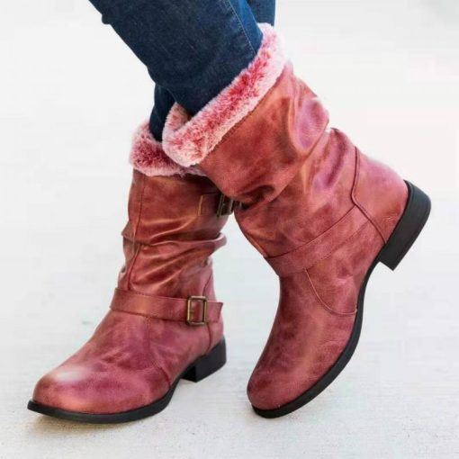 main image1Mid Calf Boots Women Plus Velvet Warm Booties Autumn Winter Leather Retro Flat Shoes Fashion Buckle