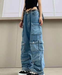 main image1Multi Pocket Blue Washed Cargo Pants Y2k Retro High Street Fashion High Waist Jeans Couple Harajuku