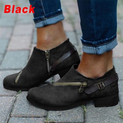 main image1New Fashion Women Casual Shoes Ladies Retro Round Toe Low Heel Zipper Boots Woman Thick Heel