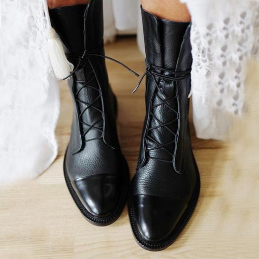 main image1New Women Boots Patent Leather British Style Flat Ladies Boots Black Pointed Toe Lace Up Boots