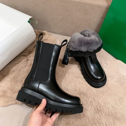 main image1Pofulove Fur Boots Women Winter Shoes Chelsea Boots Black Leather Boots Plush Warm Platform Chunky Shoes