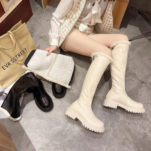 main image1Pofulove Women Thigh High Boots Winter Knee High Fur Boots Black White Flat Leather Boots Thick