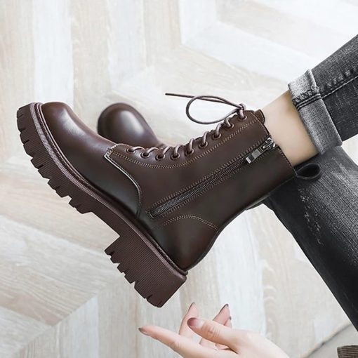 main image1Rimocy Brown Pu Leather Ankle Boots for Women 2022 Autumn Winter Short Plush Motorcycle Boots Woman