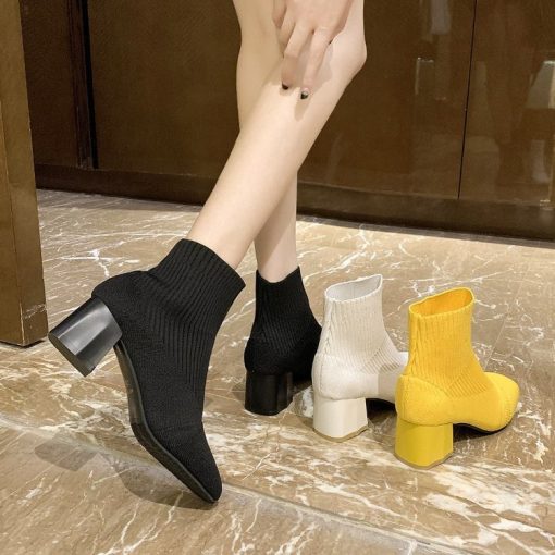 main image1Stretch Sock Boots For Women Shoes Square Heel Yellow Knitting shoes Elastic Cottton Boots Lady Footwear