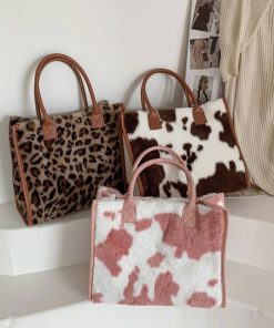 main image1Top Handle Bags Retro Cow Leopard Print PU Leather Plush Design Autumn Winter Fashion Small Women