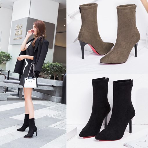 main image1Women Sock Boots Pointed Toe Elastic High Slip On Heel Ankle Pumps Stiletto Botas Zapatos De