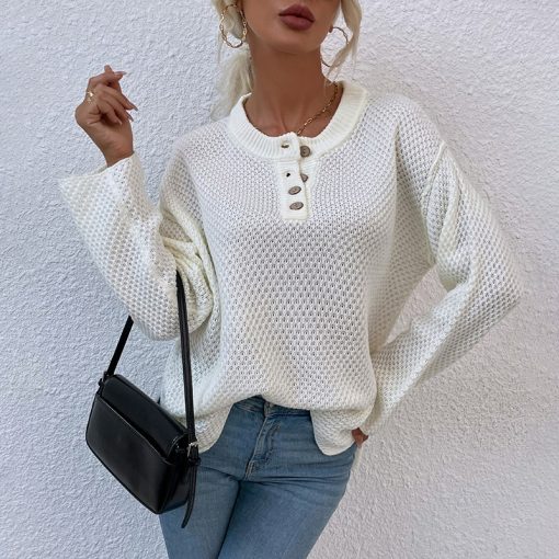 main image1Women Sweater 2022 Fashion Solid Loose Button Knitting Sweaters Vintage Long Sleeve Female Pullover Autumn Winter