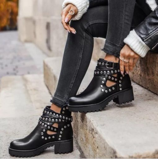 main image22021 Autumn New Woman Boots Rivet Ankle Boots Round Toe Mid Heel Short Boots Fashion Buckle