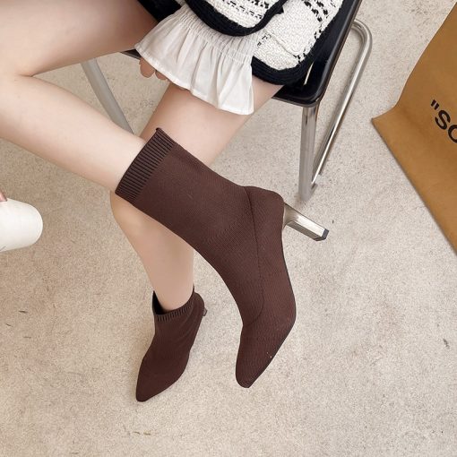 main image22022 New Winter Women s Shoes Knitted Mid calf Socks Boots Pointed Toe Stiletto Elastic Designer