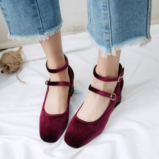 main image2Concise Spring 2022 New Solid Velvet Flock Shoes Women Square Toe Ankle Strap Bling Sequined Heel
