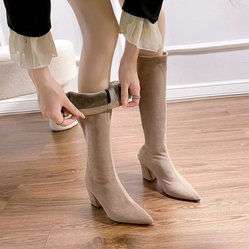 main image2Faux Flock Over the Knee Boots Woman Fashion Pointed Toe High Heeled Thigh High Boots Female