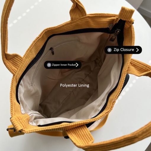 main image2Hylhexyr Women Corduroy Shoulder Tote Solid Color Casual Handbag Fashion Canvas Messenger Bags Zipper Simple Crossbody