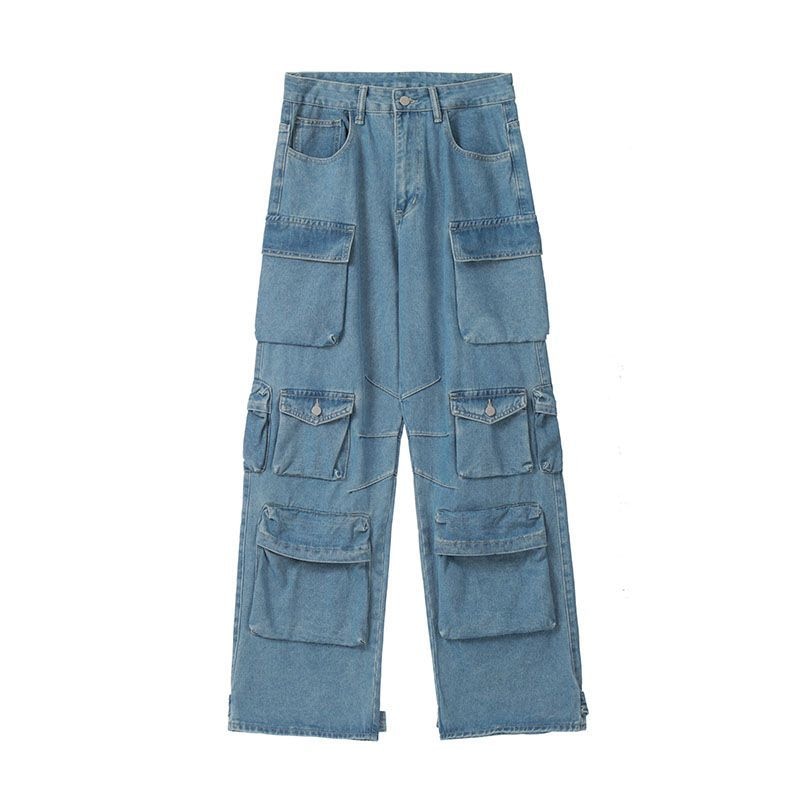 main image2Multi Pocket Blue Washed Cargo Pants Y2k Retro High Street Fashion High Waist Jeans Couple Harajuku
