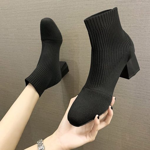 main image2Stretch Sock Boots For Women Shoes Square Heel Yellow Knitting shoes Elastic Cottton Boots Lady Footwear