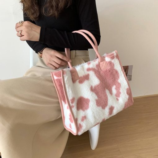 main image2Top Handle Bags Retro Cow Leopard Print PU Leather Plush Design Autumn Winter Fashion Small Women