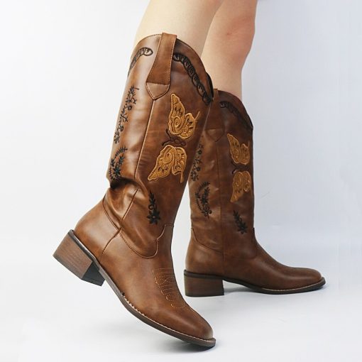 main image2Western Sewing Floral Cowboy Winter Boots For Women 2022 Butterfly Embroidery Vintage Calf Cowgirl Women Shoes
