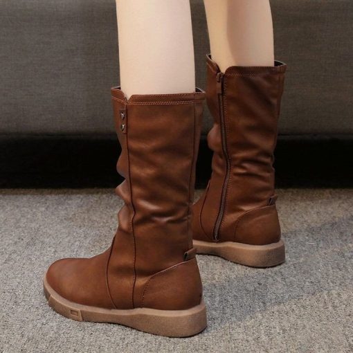 main image2Women Ankle Boots Ladies Shoes Slip on Mid Calf Boots Platform Soft PU Leather Long Boot