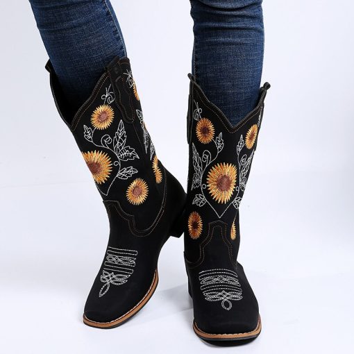 main image2Women Flower Embroidery Shoes Slip on Riding Boots Lady Square Heel Mid Calf Boot Female Winter
