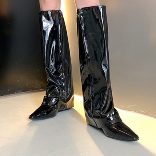 main image2Women Knee High Boots Luxury Brand Designer Patent Leather Zipper Wedges Pointed Toe High Heels Winter
