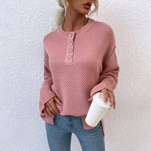 main image2Women Sweater 2022 Fashion Solid Loose Button Knitting Sweaters Vintage Long Sleeve Female Pullover Autumn Winter