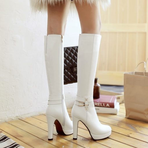 main image2Women s High Boots Winter Platform Sexy Black White Heeled High Knee Boots Female Fashion Buckle