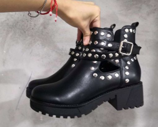 main image32021 Autumn New Woman Boots Rivet Ankle Boots Round Toe Mid Heel Short Boots Fashion Buckle