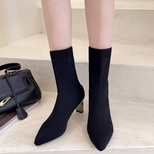 main image32022 New Winter Women s Shoes Knitted Mid calf Socks Boots Pointed Toe Stiletto Elastic Designer