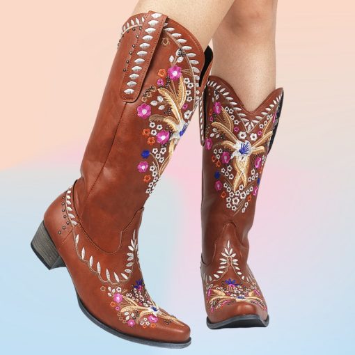 main image3AOSPHIRAYLIAN Western Cowboy Boots For Women 2022 Retro Vintage Embroidery Sewing Floral Women s Cowgirl Shoes