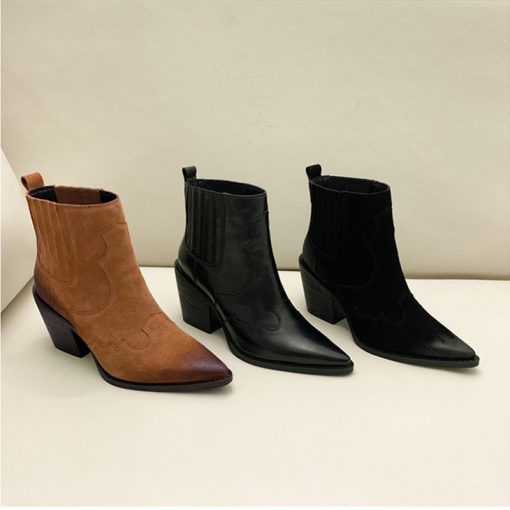 main image3Leather Boots Women Genuine Pointed Toe Mid Heel Ankle Boots Thick Square Heel Slip On Western