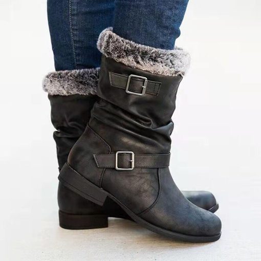 main image3Mid Calf Boots Women Plus Velvet Warm Booties Autumn Winter Leather Retro Flat Shoes Fashion Buckle