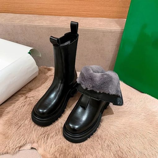 main image3Pofulove Fur Boots Women Winter Shoes Chelsea Boots Black Leather Boots Plush Warm Platform Chunky Shoes