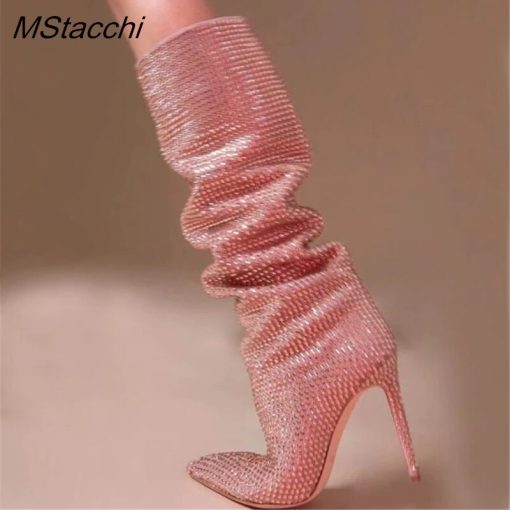 main image3Rhinestone Women s High Boots Pointed Toe Slip on Long Boots Women Demonia Boots High Heels