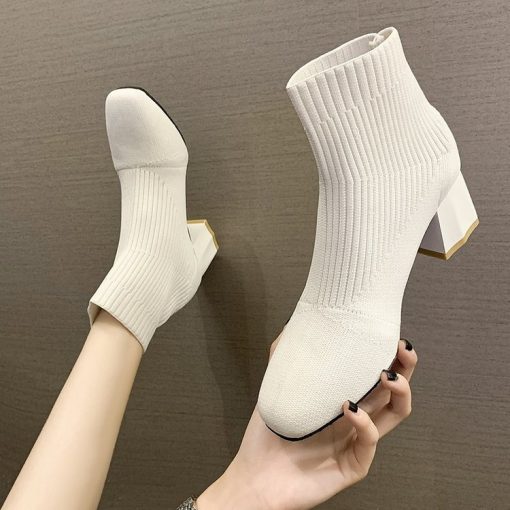 main image3Stretch Sock Boots For Women Shoes Square Heel Yellow Knitting shoes Elastic Cottton Boots Lady Footwear