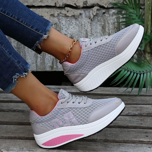 main image3Summer Running Shoes for Women 2022 Mesh Breathable Sneakers Fashion Lace Up Wedge Platform Ladies Outdoor