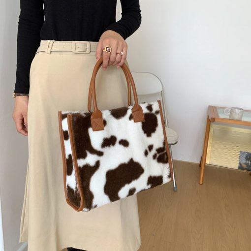 main image3Top Handle Bags Retro Cow Leopard Print PU Leather Plush Design Autumn Winter Fashion Small Women
