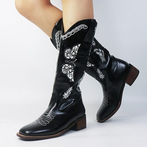 main image3Western Sewing Floral Cowboy Winter Boots For Women 2022 Butterfly Embroidery Vintage Calf Cowgirl Women Shoes