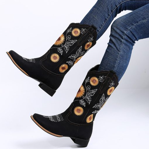 main image3Women Flower Embroidery Shoes Slip on Riding Boots Lady Square Heel Mid Calf Boot Female Winter