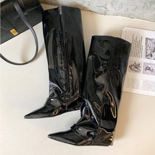 main image3Women Knee High Boots Luxury Brand Designer Patent Leather Zipper Wedges Pointed Toe High Heels Winter
