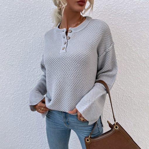 main image3Women Sweater 2022 Fashion Solid Loose Button Knitting Sweaters Vintage Long Sleeve Female Pullover Autumn Winter