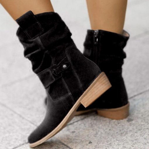 main image42022 Autumn Winter Cowboy Boots Women Low Heels Suede Ankle Boots Metal Buckle Side Zip Large
