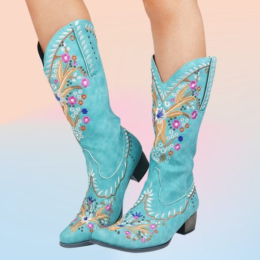 main image4AOSPHIRAYLIAN Western Cowboy Boots For Women 2022 Retro Vintage Embroidery Sewing Floral Women s Cowgirl Shoes