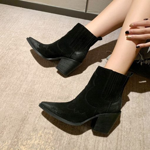 main image4Leather Boots Women Genuine Pointed Toe Mid Heel Ankle Boots Thick Square Heel Slip On Western