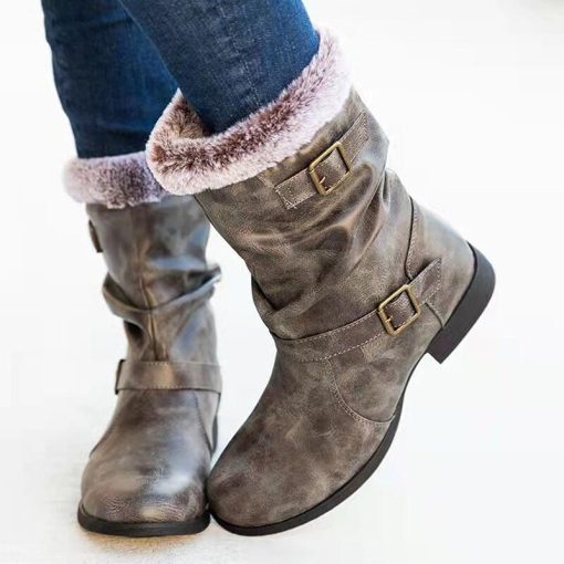 main image4Mid Calf Boots Women Plus Velvet Warm Booties Autumn Winter Leather Retro Flat Shoes Fashion Buckle